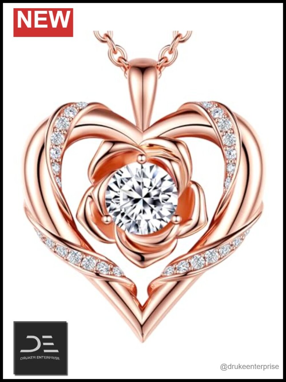 Rose Heart Moissanite Pendant Necklace S925 Silver 18K Gold Plated